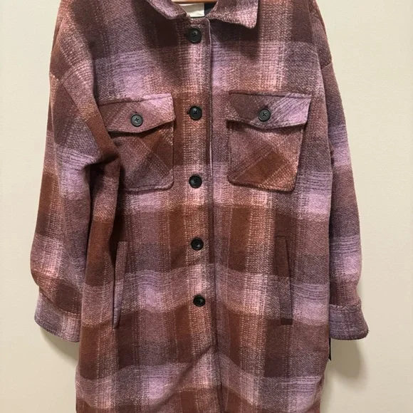NWT! Lucky Brand Rust and Pink Plaid Brushed Fleece Shacket, Size XL - Picture 9 of 15